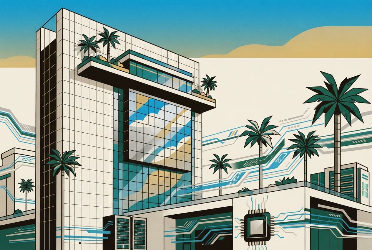 Flat illustration of Server rack, microchip, skyscraper, data stream, date palm