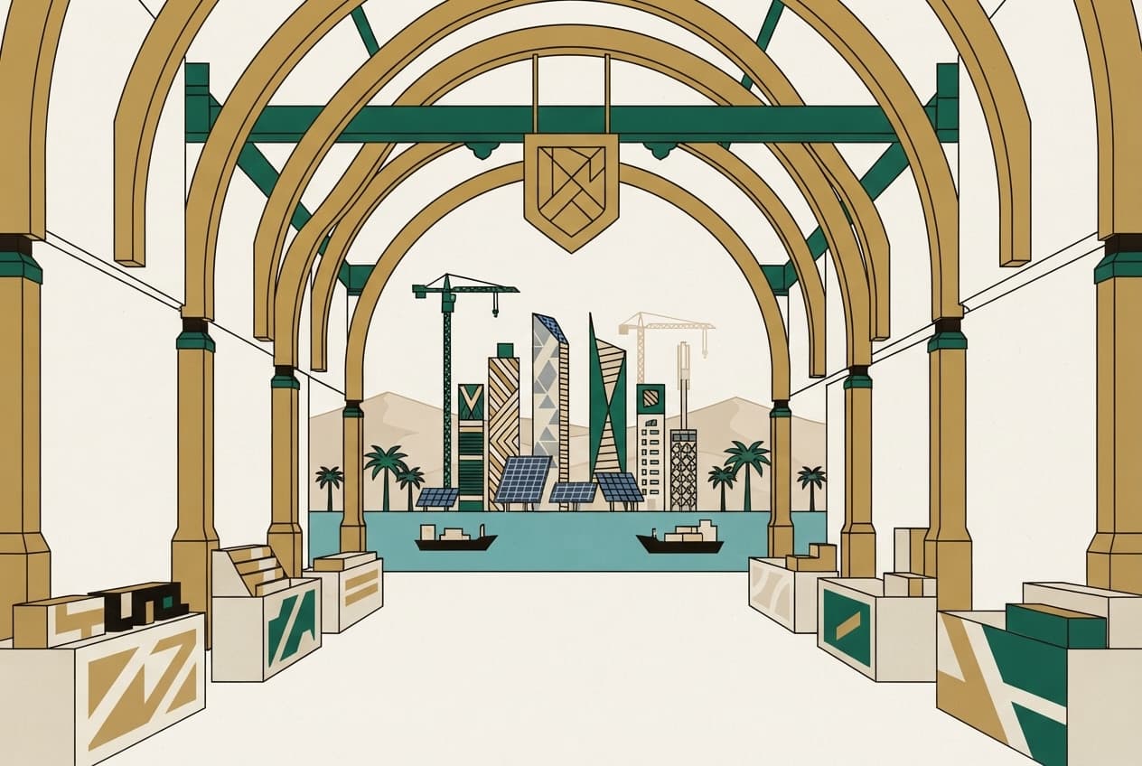 Flat illustration of Skyscrapers, Cranes, Palm trees, Desert dunes, Trade ships