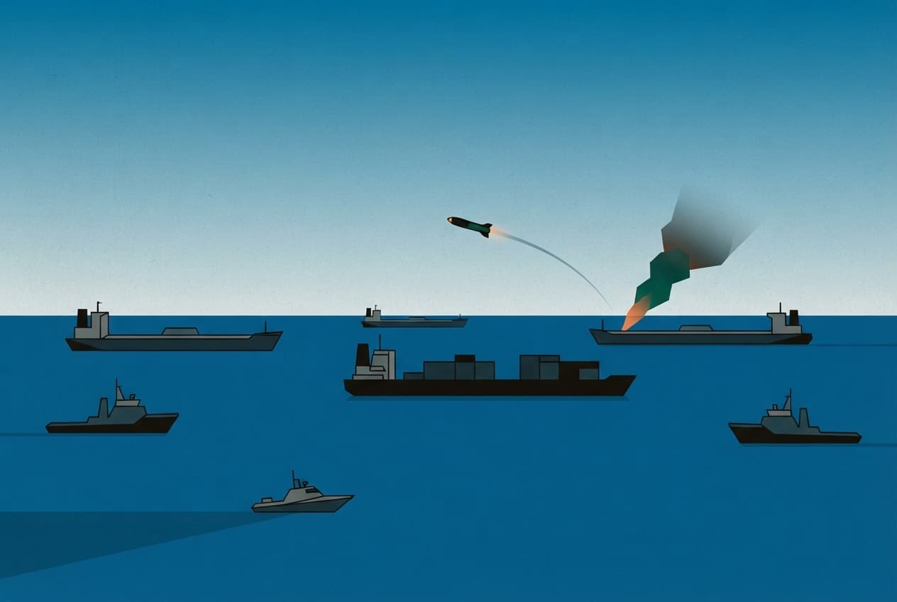 Flat illustration of Oil tanker, Projectile, Sea, Smoke, Horizon