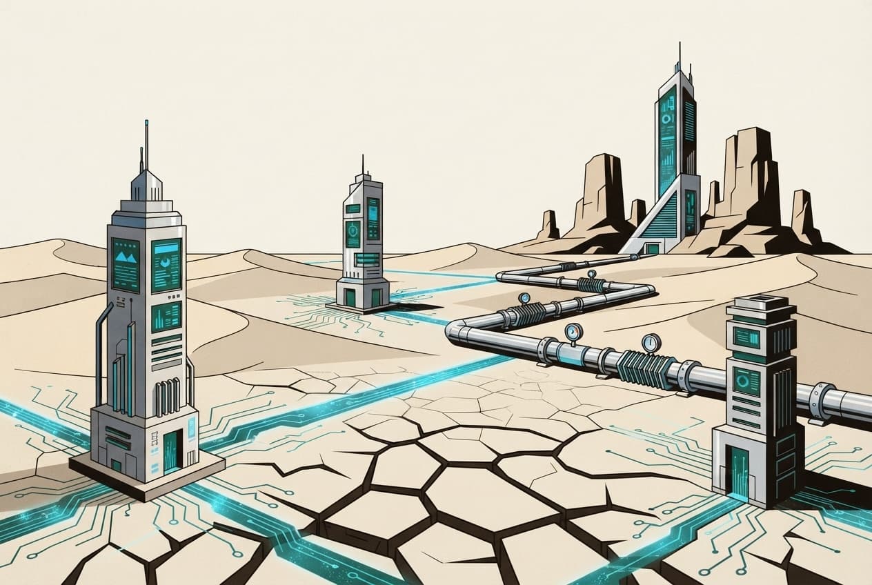 Flat illustration of Desert dunes, Cracked earth, Circuit board, Data streams, Water pipeline, Modern tower