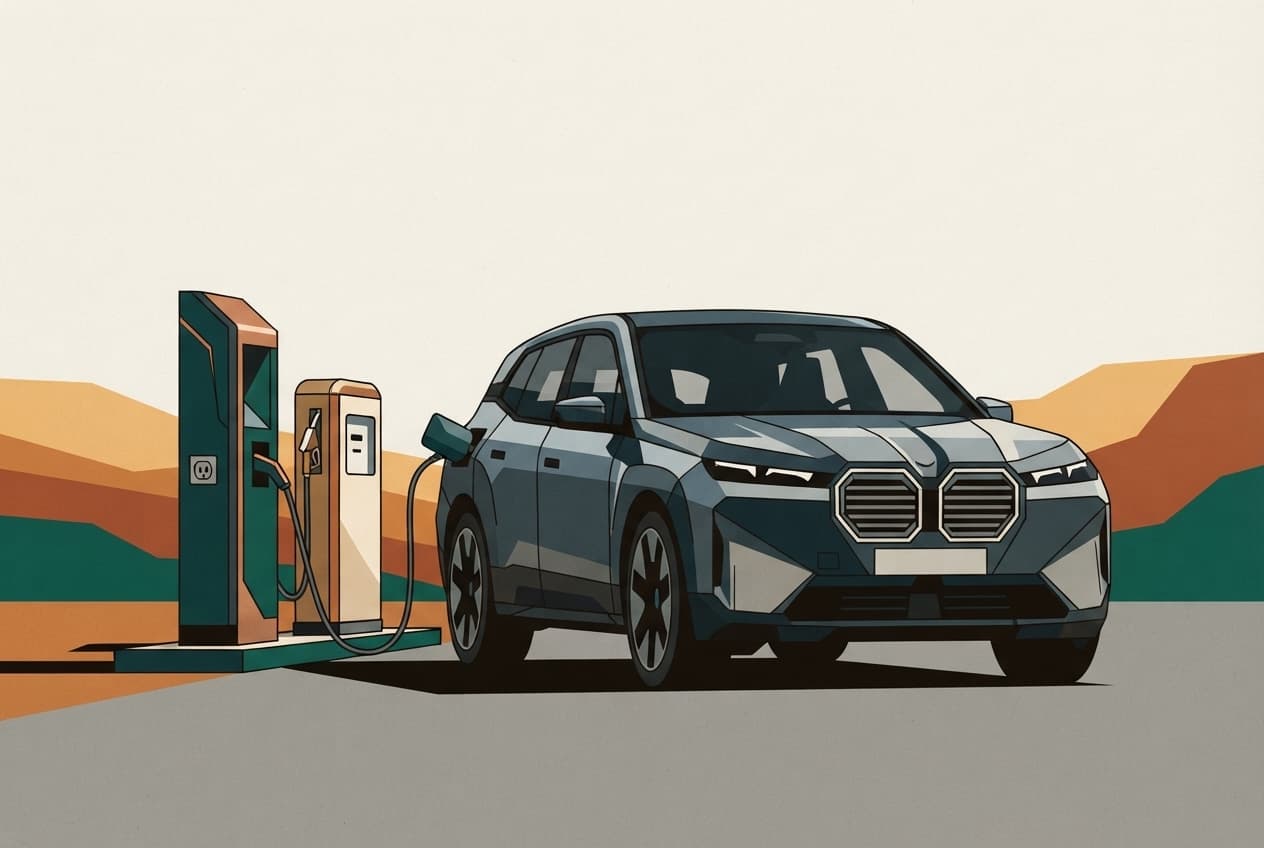 Flat illustration of Electric car, Charging station, Charging cable, Petrol pump, Power outlet